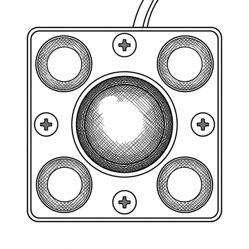 Line art illustration: Square machine vision ring light: central and four surrounding circular LEDs, secured by four screws