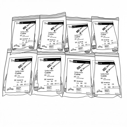Line art illustration: Eight packaged Spacelabs TruLink cardiac output cables, 30cm, with two visible connectors each