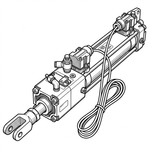 Line art illustration: Pneumatic actuator with cylinder, piston rod, clevis mount, fittings, and sensor with coiled cable