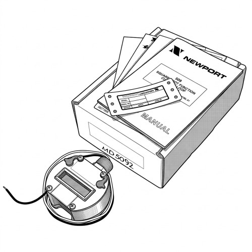 Line art illustration: Newport 509-2 Current Loop Indicator, Square Root Function, manual, tag, box, and indicator device