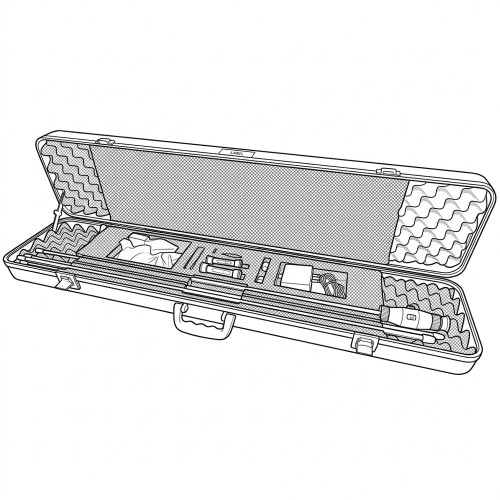 Line art illustration: Open rigid borescope kit case with long scope sections, eyepiece, and accessories