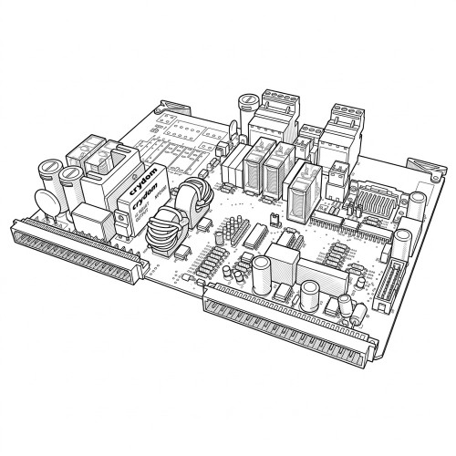 Line art illustration: Circuit board featuring a Crydom module, capacitors, ICs, coils, and multiple input/output connectors