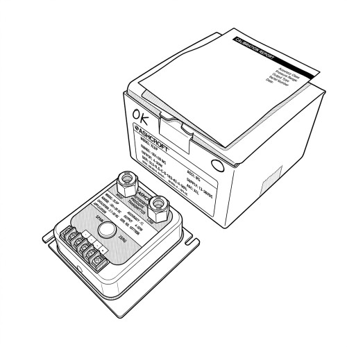 Line art illustration: Ashcroft Model XLDP differential pressure transmitter with screw terminals, pressure ports, and packaging box