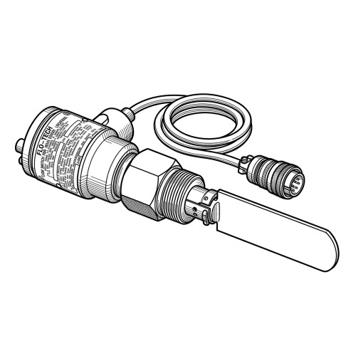 Line art illustration: Flotect V42DU flow switch for hazardous locations, with cylindrical body, electrical cable, connector, and paddle