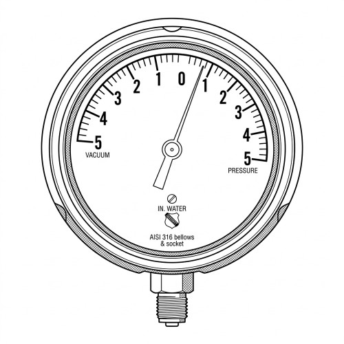 Line art drawing of a 5-0-5 inches of water gauge dial with bottom fitting