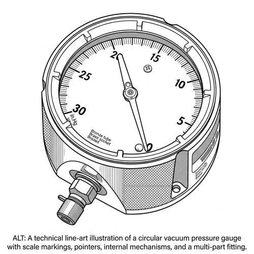 Line art drawing of a round vacuum gauge with 30 in.Hg scale and fitting