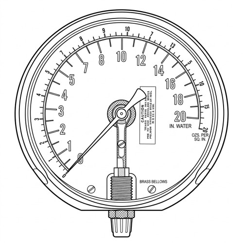 Line art illustration: Ashcroft gage: 0-20 In. Water, 0-20 oz/in² scales, pointer, brass bellows