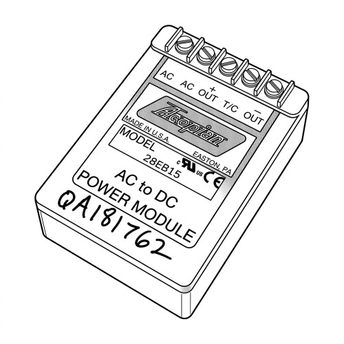 Line art illustration: Acopian 28EB15 AC-DC power module with input/output terminals and label