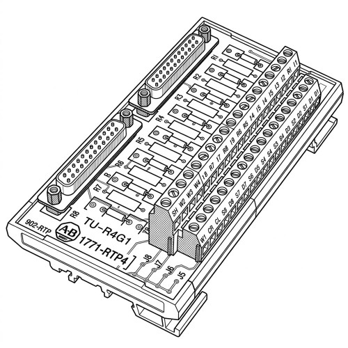 Line art illustration: Allen-Bradley 1771-RTP4 circuit panel with two multi-pin connectors and two terminal blocks