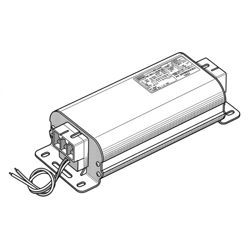 Line art illustration: Iwasaki Metal Halide Lamp Ballast with rectangular case, mounting flange, electrical connector, and wires