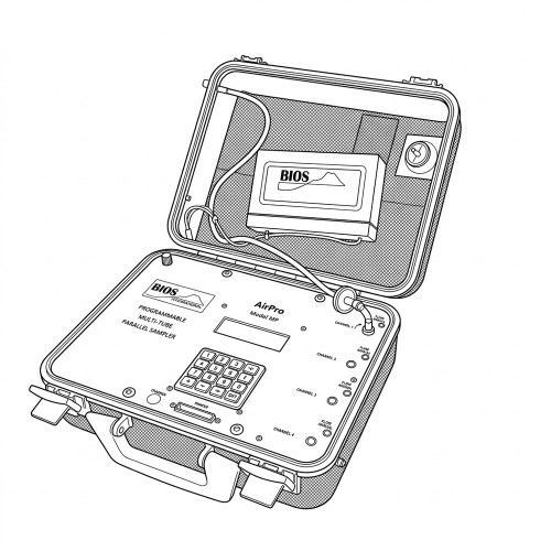 Line art illustration: Programmable multi-tube parallel sampler in open case, with keypad, display, and four channels