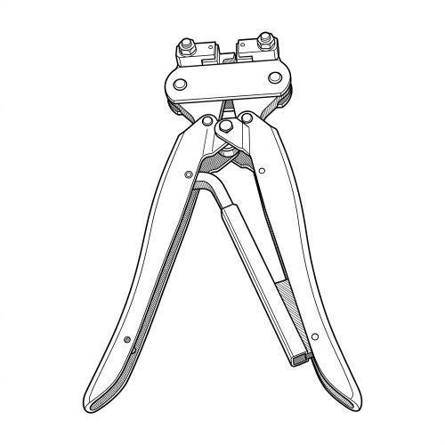 Line art illustration: Crimper with two handles, a central hinge, and top dies with adjustment bolts