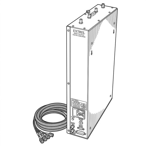 Line art illustration: Extrel High Voltage Excite Amplifier with top and rear panel connectors, power input, and coiled BNC cable