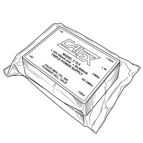 Line art illustration: Calex Model 3.15.5 Triple Power Supply with +15V and +5V outputs, sealed in plastic packaging
