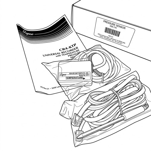 Line art illustration: Supco CR4-KTP booklet, temperature module, cables and pressure sensor carton