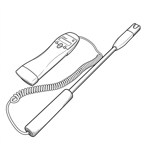 Line art illustration: H2Scan Hydrogen Analyzer with handheld display unit connected to a long sensor probe