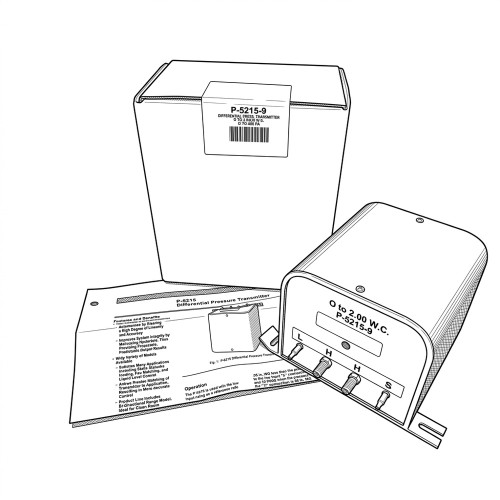 Line art illustration: P-5215-9 Differential Pressure Transmitter, with box and leaflet, showing input ports