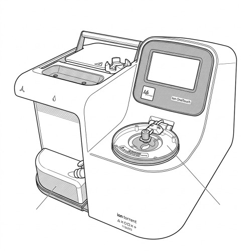Line art illustration: Ion Torrent genetic sequencer with touchscreen, sample loading area, processing unit, and waste container