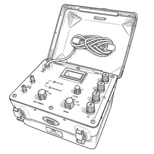 Line art illustration: Digital Earth Tester in an open case, showing control panel, display, knobs, and coiled cable