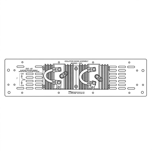 Line art illustration: Newmar IDO-60 isolation diode assembly with two finned heat sinks and multiple electrical terminals