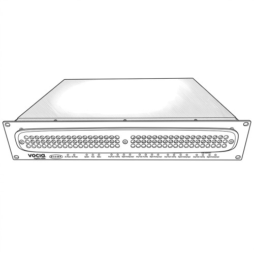Line art illustration: Vocia VA-4030e 4-channel audio amplifier with numerous front panel indicator LEDs and text