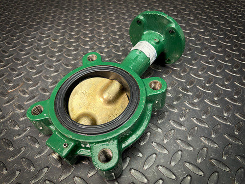 Cameron 3 inch brass butterfly valve, green body, lug style, with a gold disc and black seal.