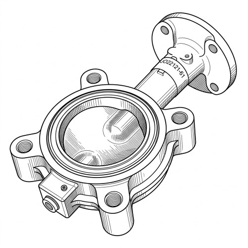 Line art illustration: Butterfly valve: round body, mounting lugs, connecting stem, actuator flange, and serial J022121-61
