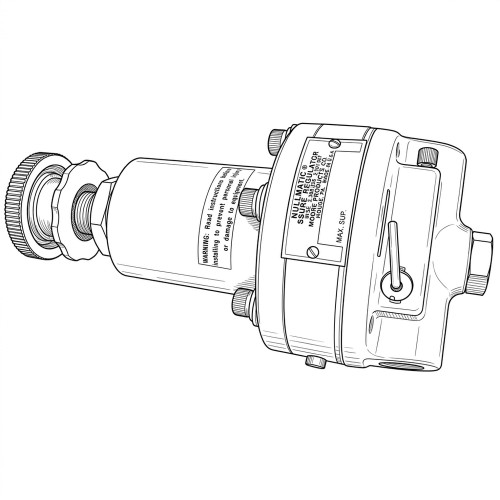Line art illustration: Moore Products Nullmatic pressure regulator with a knurled knob, informational label, and control lever
