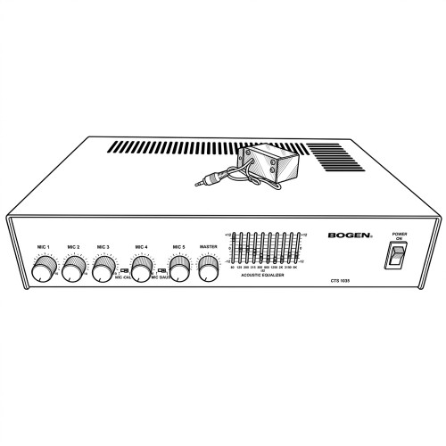 Line art illustration: Bogen Acoustic Equalizer CTS 1035 with microphone inputs, graphic equalizer, and WMT-1A adapter