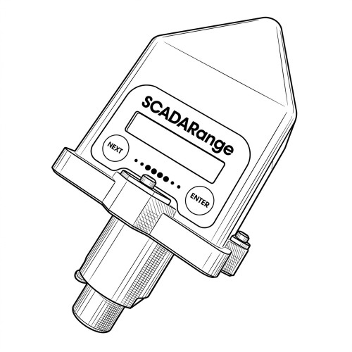 Line art illustration: SCADARange pressure field unit with display, NEXT/ENTER buttons, indicator dots, and a bottom sensor