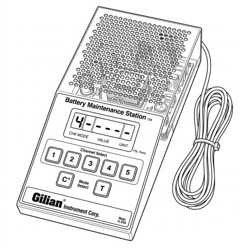 Line art illustration: Gilian 5-station battery charger with display, control buttons, and perforated top