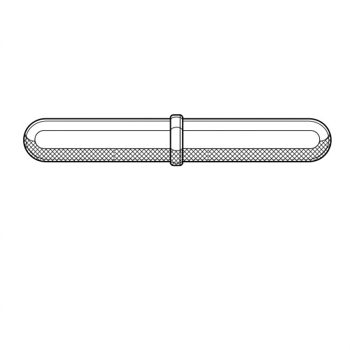 Line art illustration: Cylindrical magnetic stir bar with rounded ends, central pivot ring, and textured lower surface