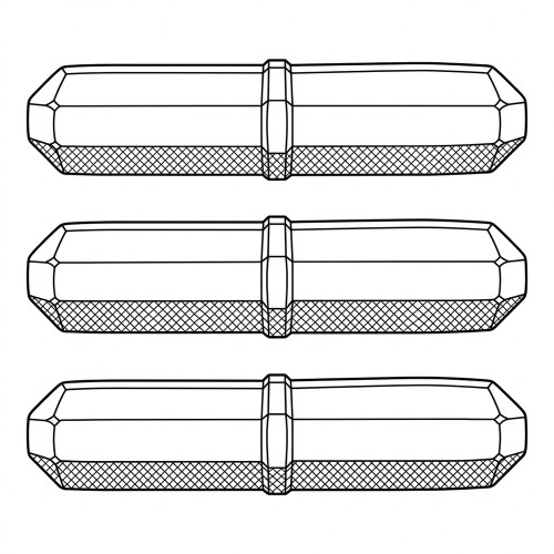 Line art illustration: Three cylindrical magnetic stir bars with central rings, faceted ends, and textured bases
