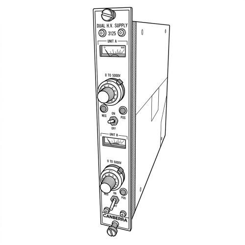 Line art illustration: Canberra 3125 dual 0-5kV high voltage supply with two units, meters, controls, and switches