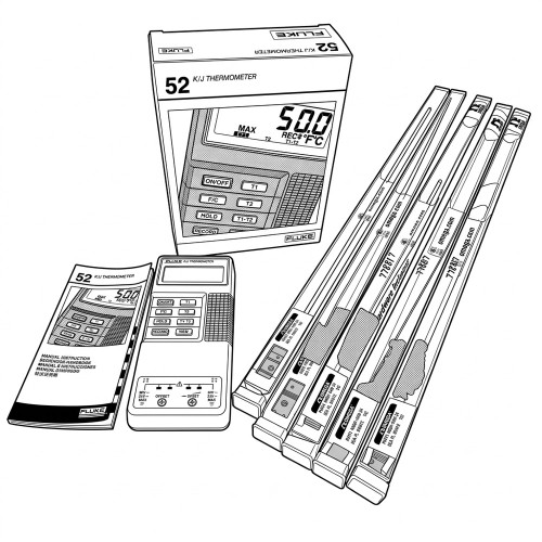 Line art illustration: Fluke 52 K/J thermometer, manual, box, and four Omega thermocouple probes