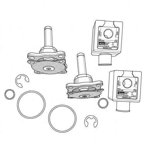 Line art illustration: Ingersoll Rand Inlet Valve Replacement Kit: two valves, two modules, O-rings, and retaining clips