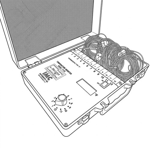 Line art illustration: Open IMC Instruments temperature monitor with display, controls, and seven coiled Type K thermocouples