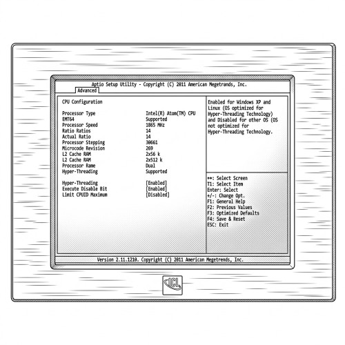 Line art illustration: Industrial touchscreen PC displaying BIOS settings for CPU configuration, processor type, and speed