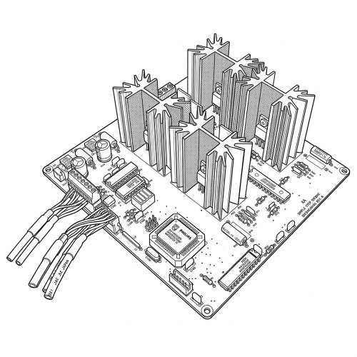 Line art illustration: Simple Step motion control board with six heatsinks, chips, capacitors, and wiring harnesses