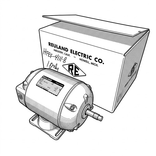Line art illustration: Reuland 6610 torque motor with shaft, next to its Reuland Electric box