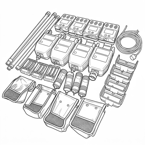 Line art illustration: Four gas monitors, docking stations, chargers, holsters, sensors, rods, and power cable