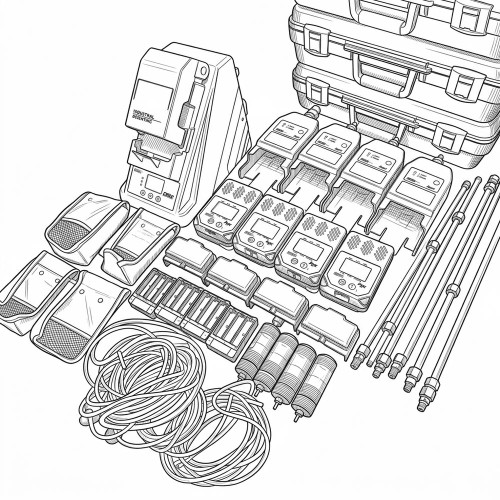 Line art illustration: Industrial Scientific DS2 docking station, eight gas monitors, cases, calibration bottles, probes, and cables