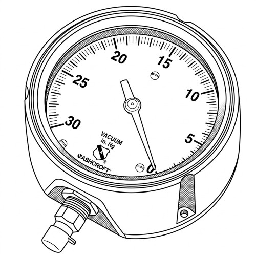 Line art illustration: Ashcroft vacuum gauge with 0-30 inHg dial, pointer, and bottom threaded connection