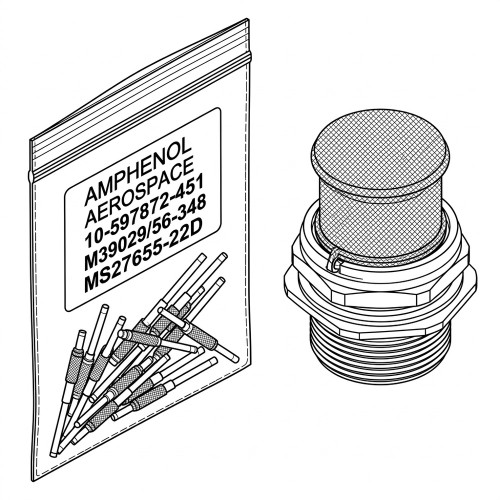 Line art illustration: Amphenol threaded electrical connector and a bag of M39029/56-348 contacts