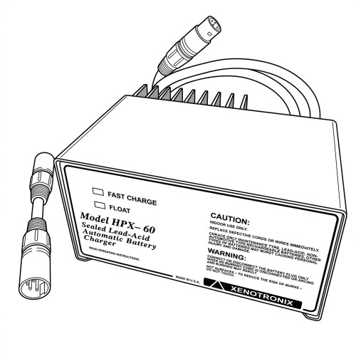 Line art illustration: Xenotronix HPX-60 automatic battery charger with two cables, connectors, and fast/float charge indicators