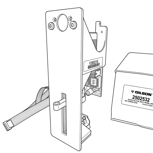 Line art illustration: Gilson WC Pump/Dilutor with front panel, circuit board, ribbon cable, and product box