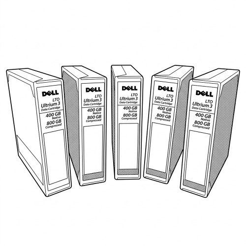 Line art illustration: Five Dell LTO Ultrium 3 data cartridges, 400GB native, 800GB compressed