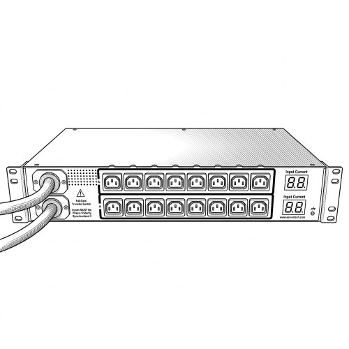 Line art illustration: Dual input transfer switch with 16 C13 outlets, two power cables, and dual digital current displays