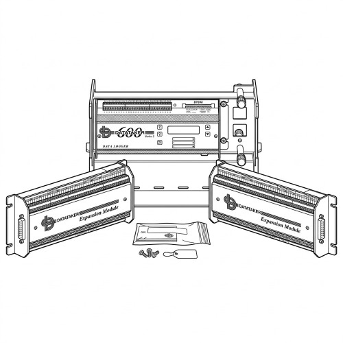 Line art illustration: DataTaker DT600 Series 2 data logger flanked by two expansion modules, plus accessories