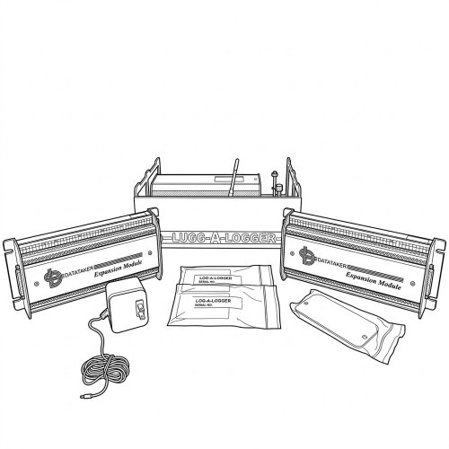 Line art illustration: DataTaker data logger system with two expansion modules, power adapter, and packaged accessories